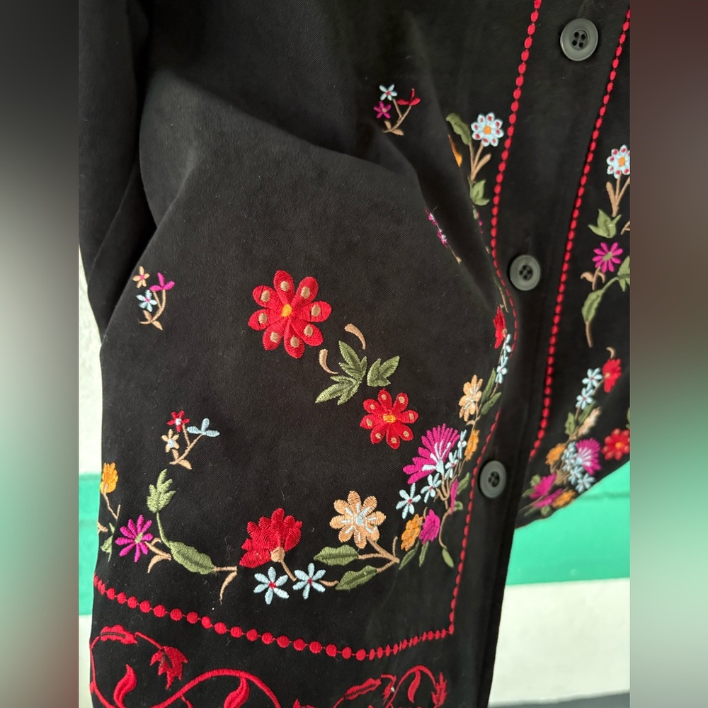 JM Collection Vintage Black Button Down Embroidered Floral Large Jacket Blazer - Picture 3 of 5